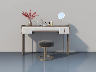 Hinged Door Dressing Table With White Countertop Drawers Mirror And Stool 3d model