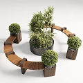 Outdoor Chair with Circular Wooden Design Surrounded by Green Plants and Planters