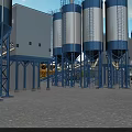 Industrial Factory Featuring Blue Roof Yellow Equipment Orange Construction Vehicles And White Blue Storage Silos