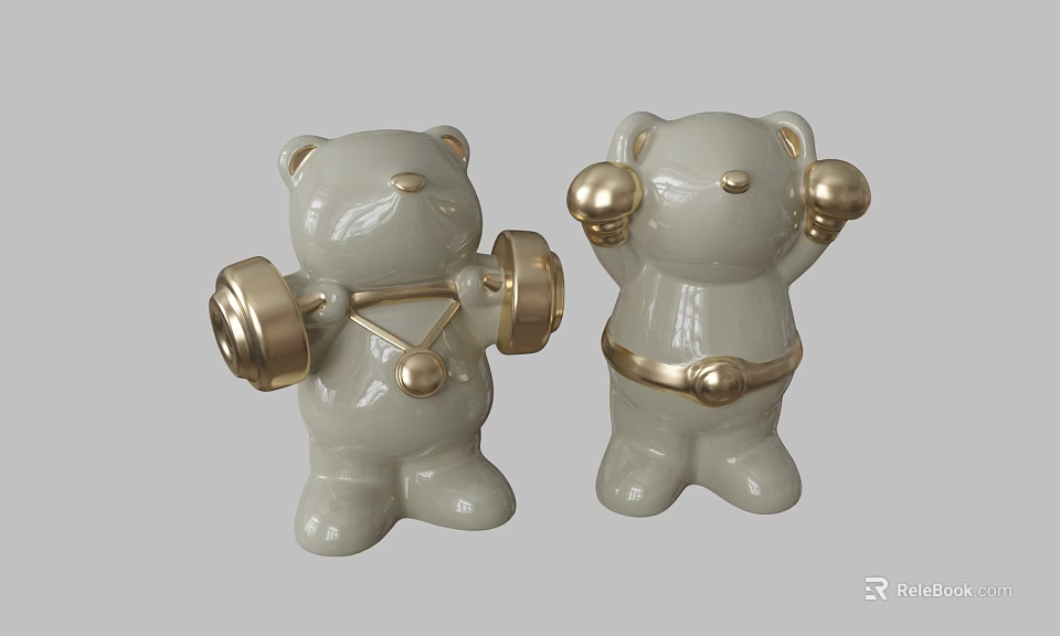White Ceramic Bear Sculptures With Gold Accents Holding Dumbbells And Balls 3d model 