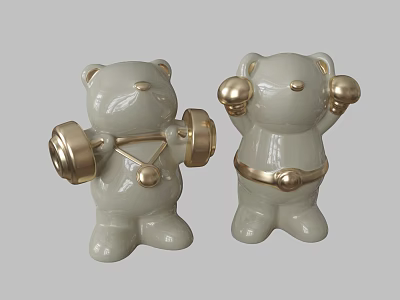 White Ceramic Bear Sculptures With Gold Accents Holding Dumbbells And Balls 3d model