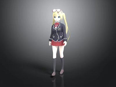 Anime Schoolgirl With Blonde Hair Pink Glasses Black Uniform Jacket Red Skirt Gray Socks 3d model