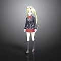 Anime Schoolgirl With Blonde Hair Pink Glasses Black Uniform Jacket Red Skirt Gray Socks