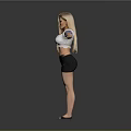 Blonde Woman Standing with Arms Outstretched in White Top Black Skirt Against Grey Background