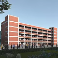 Red Brick School Building With Multiple Floors Green Trees And Students On Campus 3d model