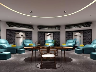 Relaxing SPA Sauna Lounge With Blue Lounge Chairs Wooden Table And Brick Wall Decor 3d model