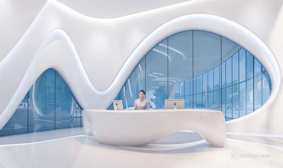 Elegant Curved White Reception Desk In Modern Lobby With Glass Walls And Staff Working 3d model 