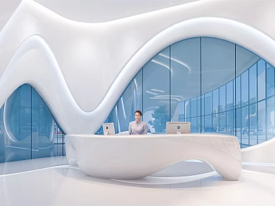 Elegant Curved White Reception Desk In Modern Lobby With Glass Walls And Staff Working 3d model