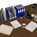 Organized Office Desk With Colored Folders Documents Stationery Calculator Tape Scissors