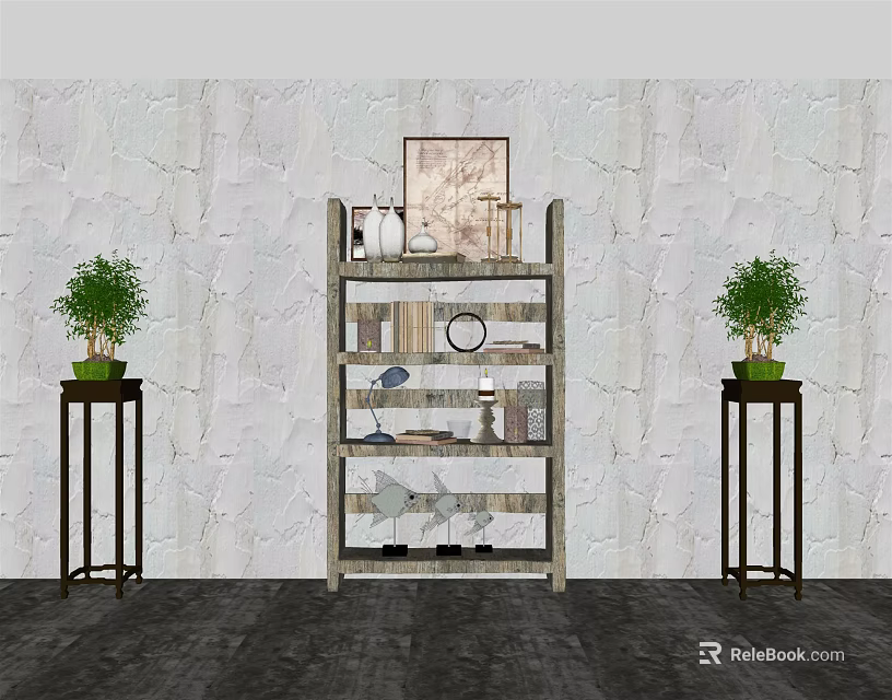 Wooden Decorative Cabinet With Multi tiered Shelves And Ornaments By Green Plants On Textured Wall 3d model 
