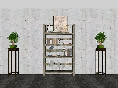 Wooden Decorative Cabinet With Multi tiered Shelves And Ornaments By Green Plants On Textured Wall 3d model