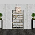 Wooden Decorative Cabinet With Multi tiered Shelves And Ornaments By Green Plants On Textured Wall