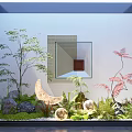 Courtyard Garden With White Walls Glass Structure Green Plants Stones Spherical Lights Moon Shaped Decoration