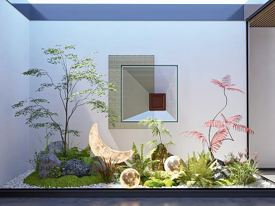 Courtyard Garden With White Walls Glass Structure Green Plants Stones Spherical Lights Moon Shaped Decoration 3d model
