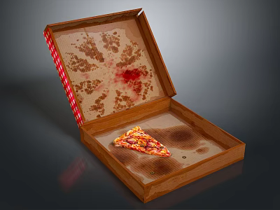 Pizza In Open Wooden Box With Red And White Checkered Trim And Grease Stains 3d model