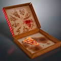 Pizza In Open Wooden Box With Red And White Checkered Trim And Grease Stains
