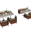 Brown Dining Table Set With White Patterned Tablecloth And Decorative Flowers 3d model