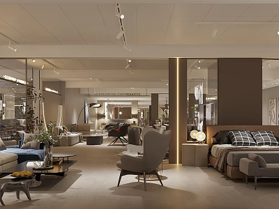 Modern Interior Furniture Showroom With Sofa Bed Chair And Coffee Table Lighting 3d model
