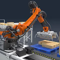 Automated Industrial Robotic Arm Handling Wooden Boxes On Conveyor Belt System