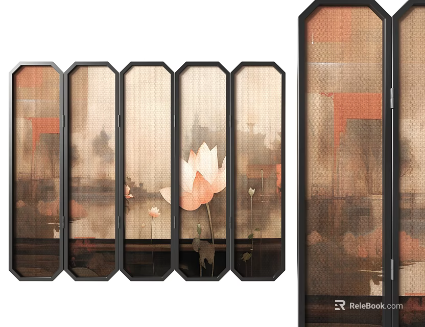 Decorative Multi Panel Screen With Artistic Lotus Pattern And Black Wooden Frame 3d model