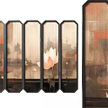 Decorative Multi Panel Screen With Artistic Lotus Pattern And Black Wooden Frame 3d model