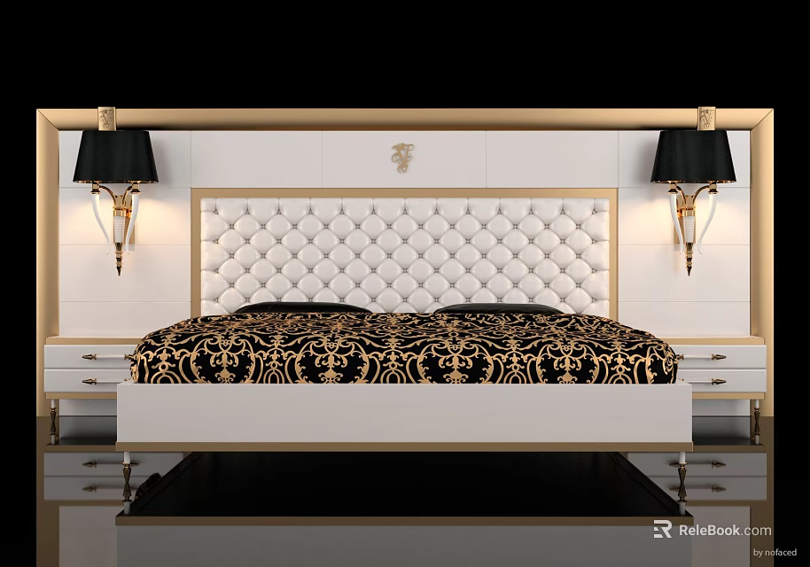 Luxurious Modern Double Bed With White Tufted Headboard Gold Accent And Black Lamps 3d model 