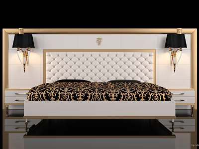 Luxurious Modern Double Bed With White Tufted Headboard Gold Accent And Black Lamps 3d model