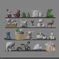 Stuffed Plush Toys Display On Multi Layer Shelves With Various Animal Figures And Decor