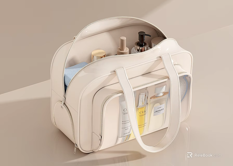 White Travel Toiletry Organizer Bag With Skincare Products Zipper Closure And Handles 3d model 