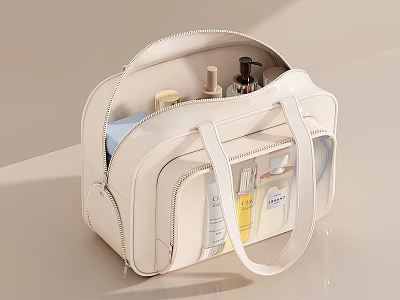 White Travel Toiletry Organizer Bag With Skincare Products Zipper Closure And Handles 3d model