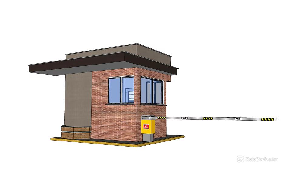 Brick Built Guard Booth With Windows Yellow Warning Device And Barrier 3d model 