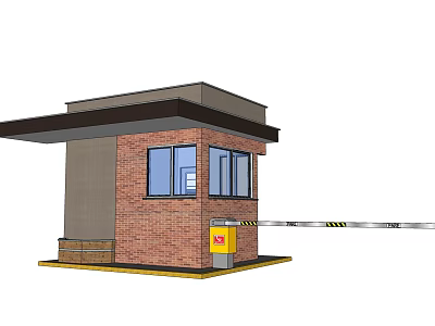 Brick Built Guard Booth With Windows Yellow Warning Device And Barrier 3d model