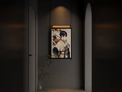 Modern Hallway Interior With Decorative Wall Artwork And Potted Green Plant 3d model