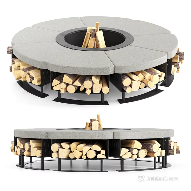Outdoor Kitchen Fire Pit Round Concrete Design With Firewood Storage Compartments 3d model 