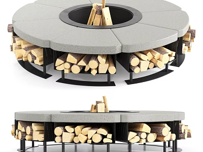 Outdoor Kitchen Fire Pit Round Concrete Design With Firewood Storage Compartments 3d model