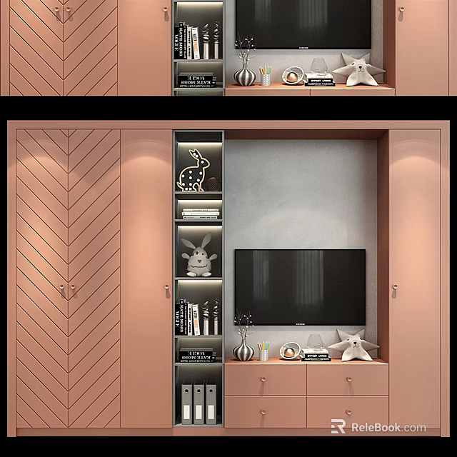Modern TV Wall Design With Herringbone Pattern Storage Shelves Decorative Items And TV 3d model 