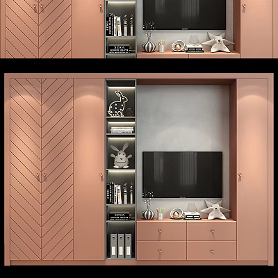 Modern TV Wall Design With Herringbone Pattern Storage Shelves Decorative Items And TV 3d model