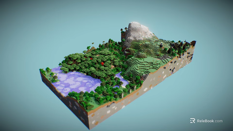 Garden Landscape Design With Terraced Hillside Mountain Lush Greenery And Purple Water Feature 3d model 
