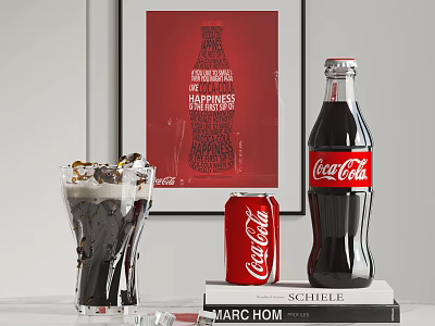 Coca-Cola Beverage Display With Glass Bottle Can And Ice Cubes Drink 3d model