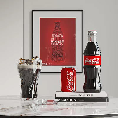 Coca-Cola Beverage Display With Glass Bottle Can And Ice Cubes Drink 3d model