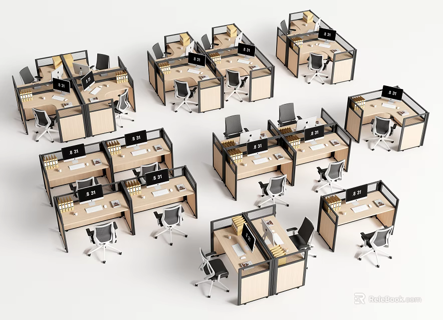Modern Office Work Desks In Cubicle Layout With Chairs And Workstations 3d model 