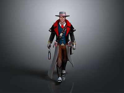Steampunk Cowboy Character In Wide Brim Hat Long Coat With Wolf Companion And Leather Gear 3d model