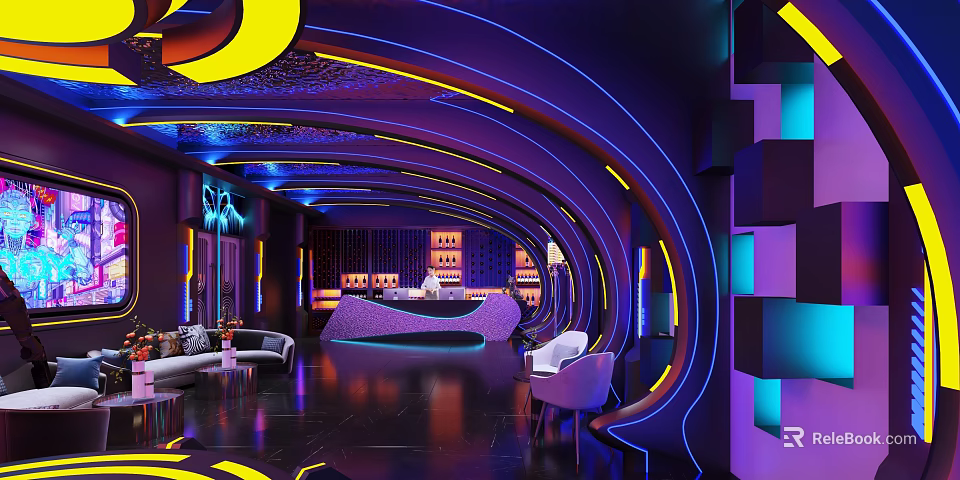 Elegant Modern KTV Interior With Curved Neon Lights And Comfortable Seating 3d model 