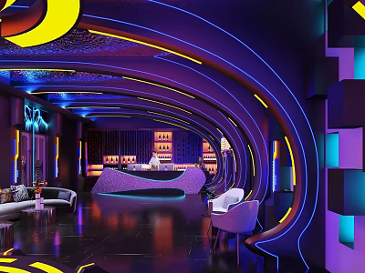 Elegant Modern KTV Interior With Curved Neon Lights And Comfortable Seating 3d model