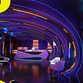 Elegant Modern KTV Interior With Curved Neon Lights And Comfortable Seating