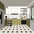 Stylish Kitchen Interior With Light Green White Cabinets Black White Diamond Patterned Floor And Appliances