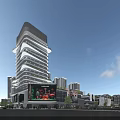 High Rise Modern Commercial Complex Featuring Glass Facade Retail Areas And Digital Billboard