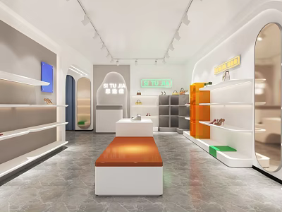 Modern Specialty Store Interior With White Shelves Orange Cabinets And Central Wooden Bench 3d model