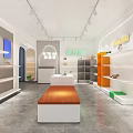 Modern Specialty Store Interior With White Shelves Orange Cabinets And Central Wooden Bench