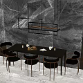 Modern Dining Table Set With Marble Wall Black Chairs And Decorative Shelf 3d model